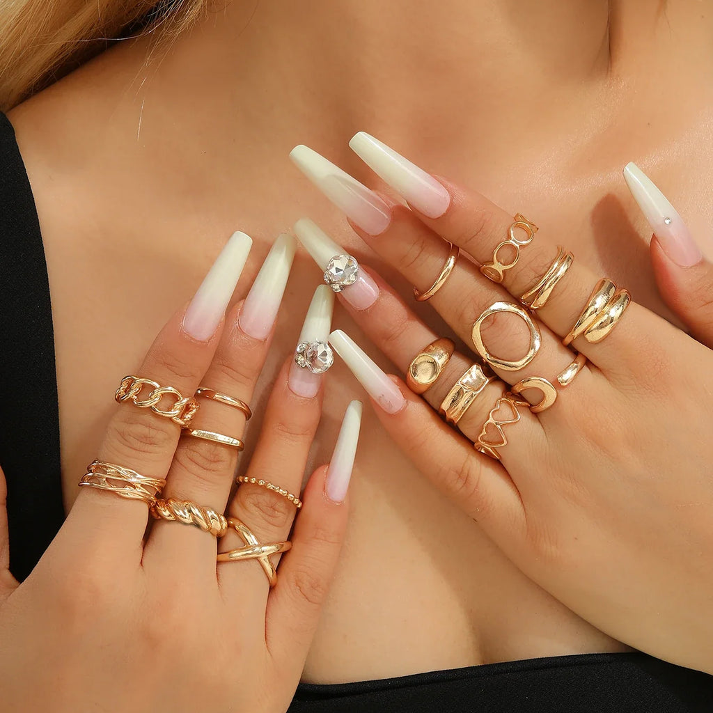 16-Piece Gold Ring Set for Women – Geometric, Heart & Open Band Stackable Rings
