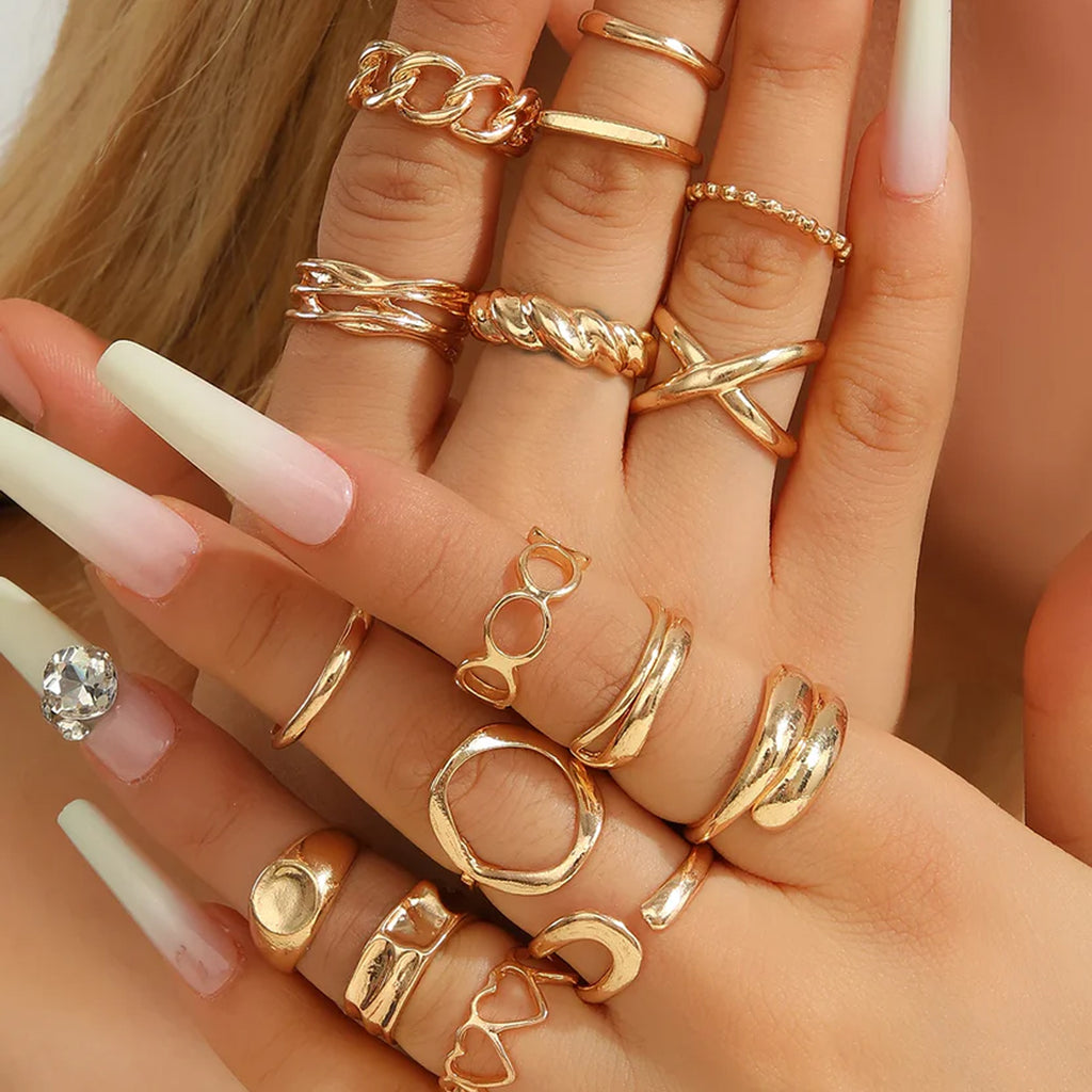 16-Piece Gold Ring Set for Women – Geometric, Heart & Open Band Stackable Rings