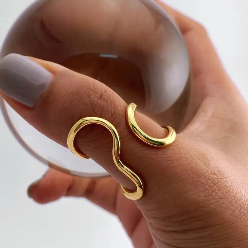 Minimalist Gold Wave Ring – 18K PVD Plated Stainless Steel Adjustable Waterproof Jewellery