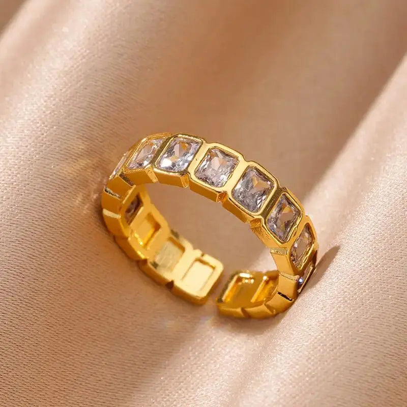 Gold Plated Square Zircon Ring – Adjustable Stainless Steel