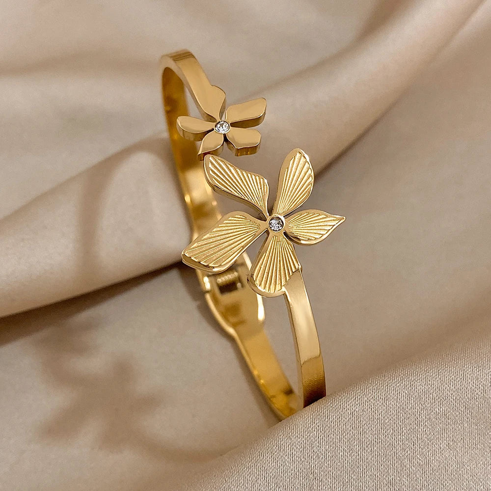 Golden Bloom Double Flower Cuff Bracelets