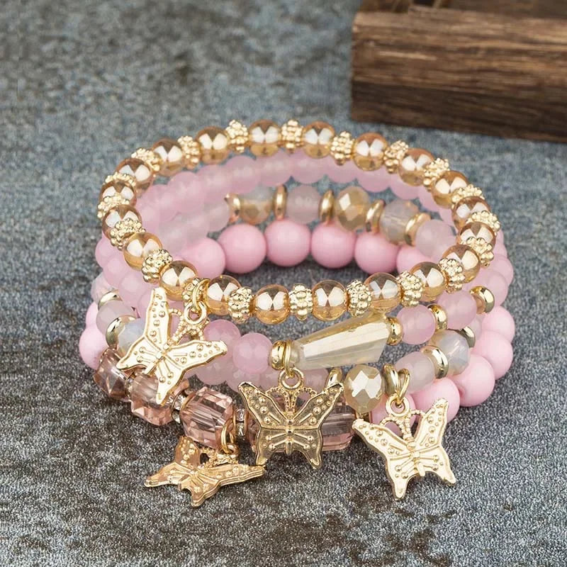 Boho Bloom Butterfly Bracelet Set – 4 Pieces