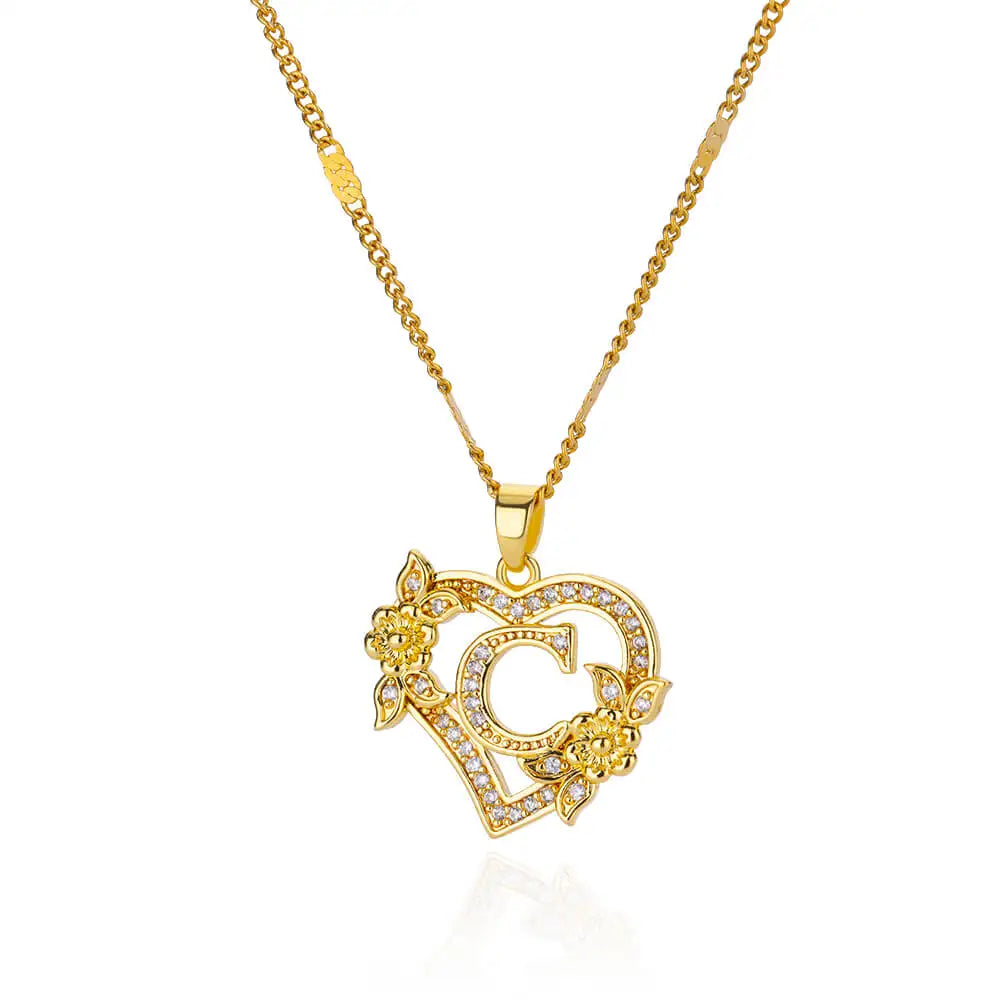 Gold Initial Heart Necklace with Zircon Flowers