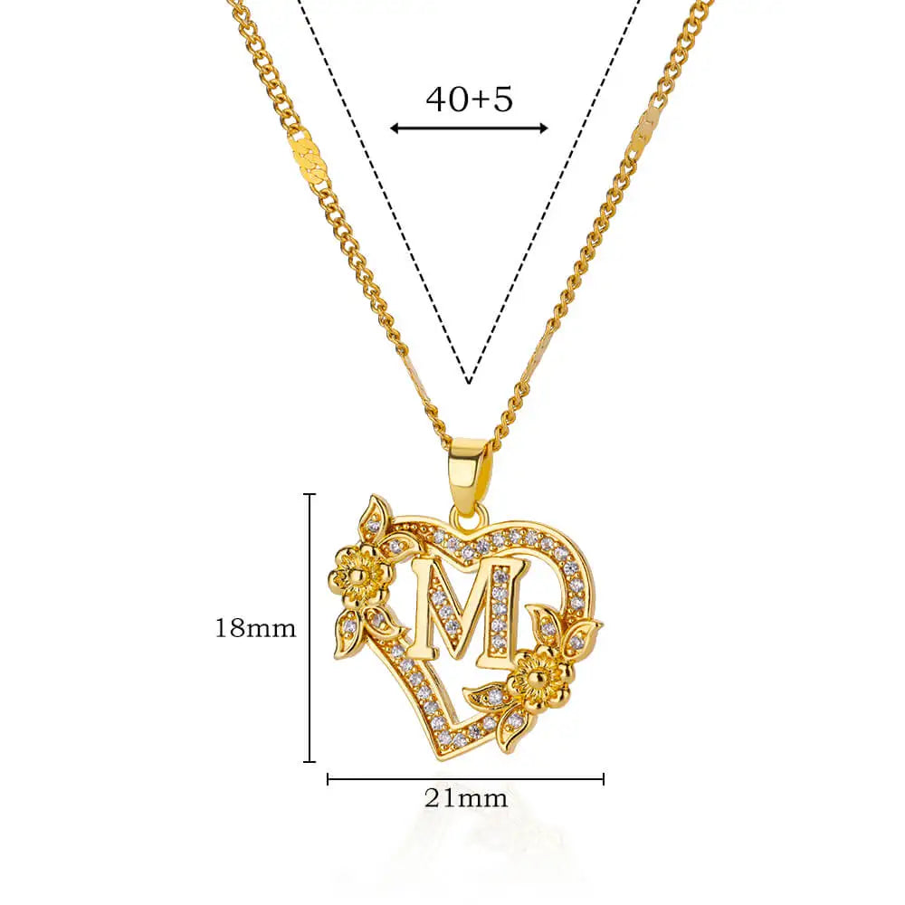 Gold Initial Heart Necklace with Zircon Flowers