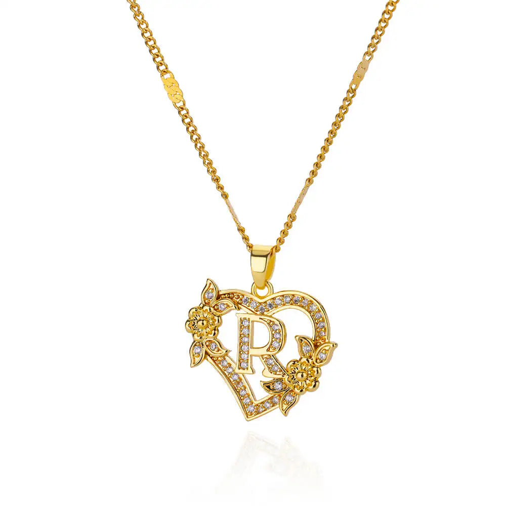 Gold Initial Heart Necklace with Zircon Flowers