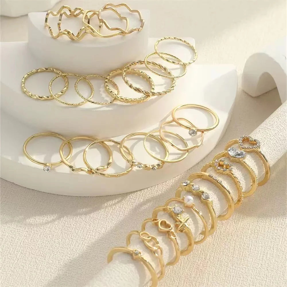 23PCS Silver Zircon Ring – Luxury Multi-Element Wave Design Stacking Rings