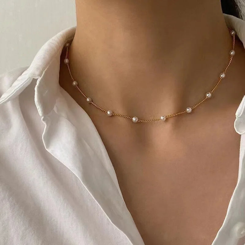 Gold Pearl Choker Necklace for Women – Kpop Inspired Beads Collar
