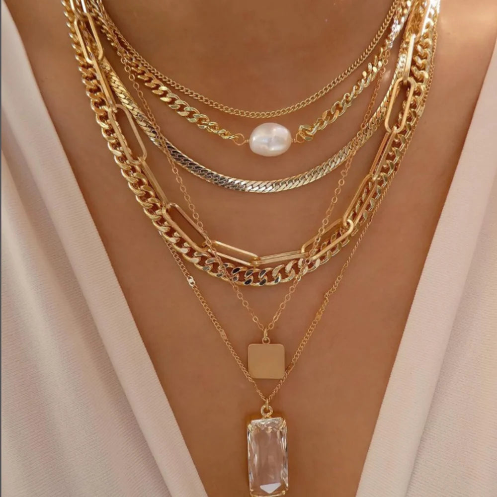Gold Multi-Layer Pendant Necklace Set for Women