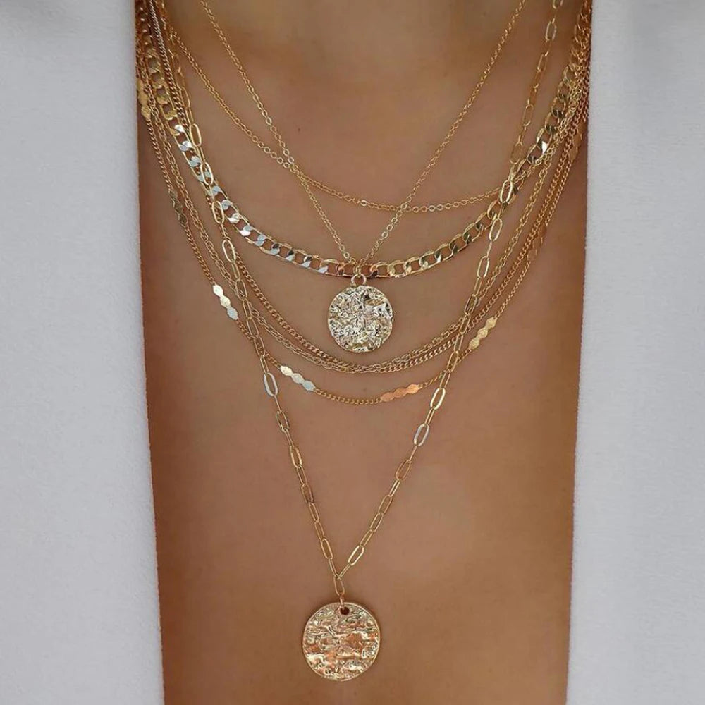 Gold Multi-Layer Pendant Necklace Set for Women