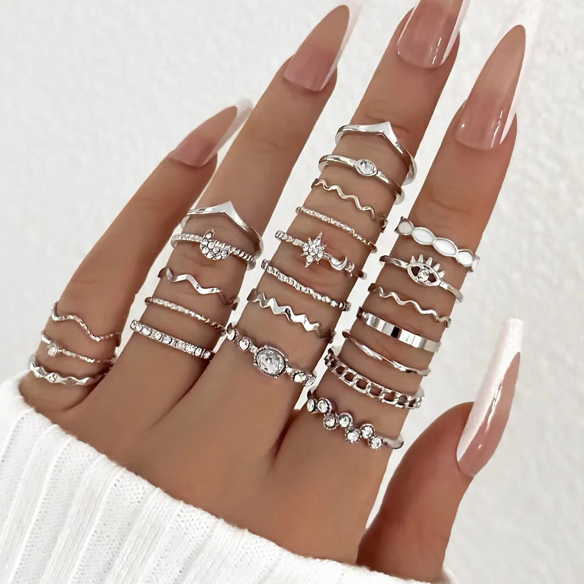 23PCS Silver Zircon Ring – Luxury Multi-Element Wave Design Stacking Rings