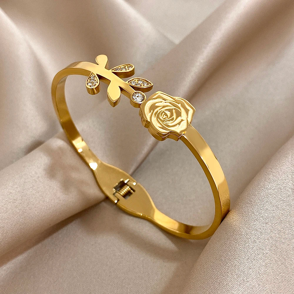 Golden Bloom Double Flower Cuff Bracelets