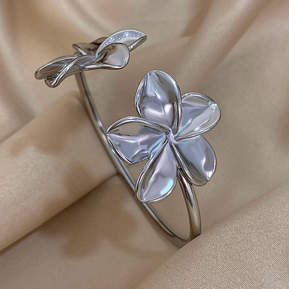Golden Bloom Double Flower Cuff Bracelets
