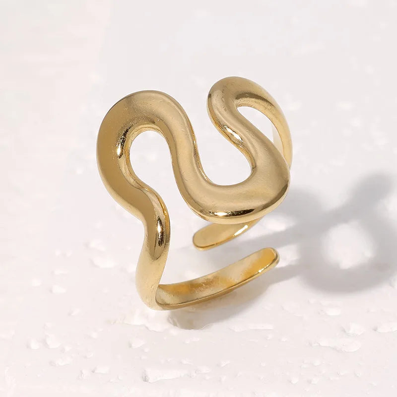 Minimalist Gold Wave Ring – 18K PVD Plated Stainless Steel Adjustable Waterproof Jewellery