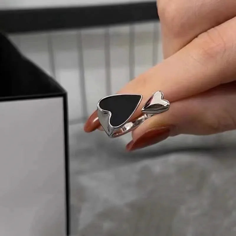 Minimalist Black Heart Open Ring – Adjustable Two-Tone Metal Punk Jewellery