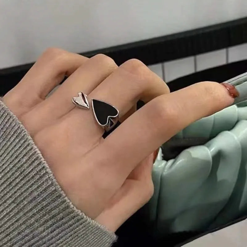Minimalist Black Heart Open Ring – Adjustable Two-Tone Metal Punk Jewellery