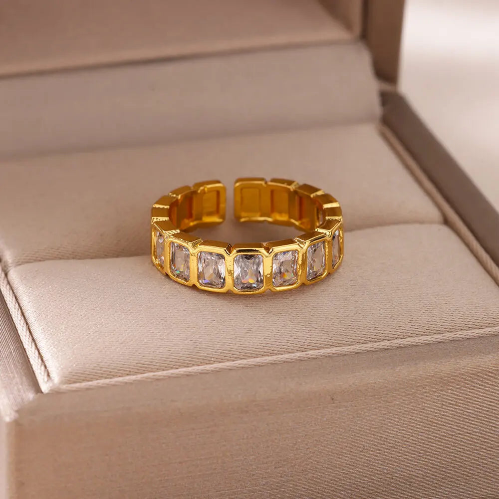 Gold Plated Square Zircon Ring – Adjustable Stainless Steel