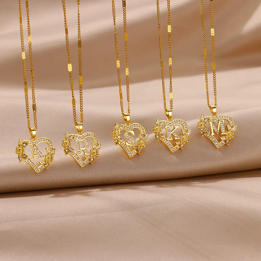 Gold Initial Heart Necklace with Zircon Flowers