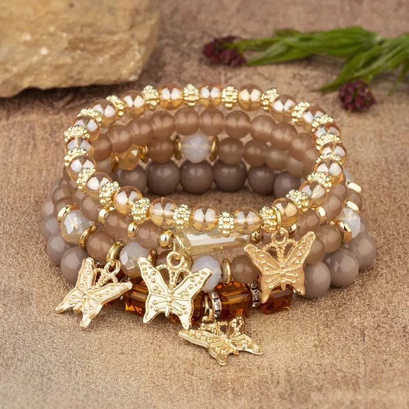 Boho Bloom Butterfly Bracelet Set – 4 Pieces
