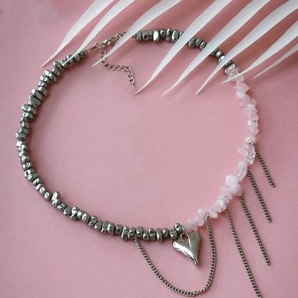 Elegant Pink Stone Beads & Heart Pendant Necklace – Irregular Choker for Women