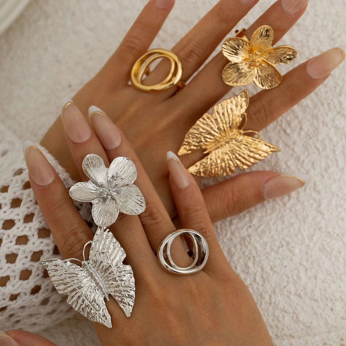 Boho Statement Butterfly & Flower Rings – Adjustable Metal Fashion Jewellery