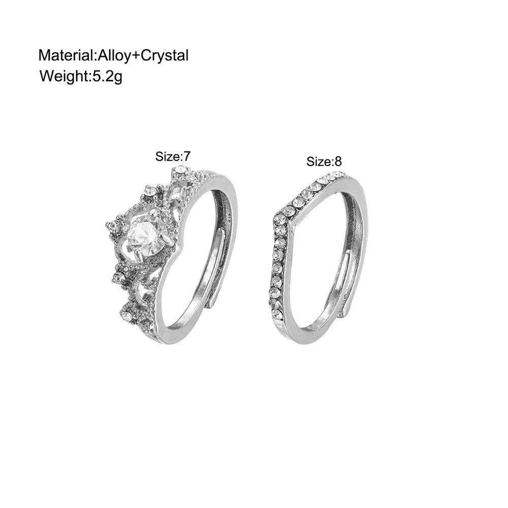 2PCS Crystal Crown Ring Set  – Adjustable Sparkling Queen Tiara Style