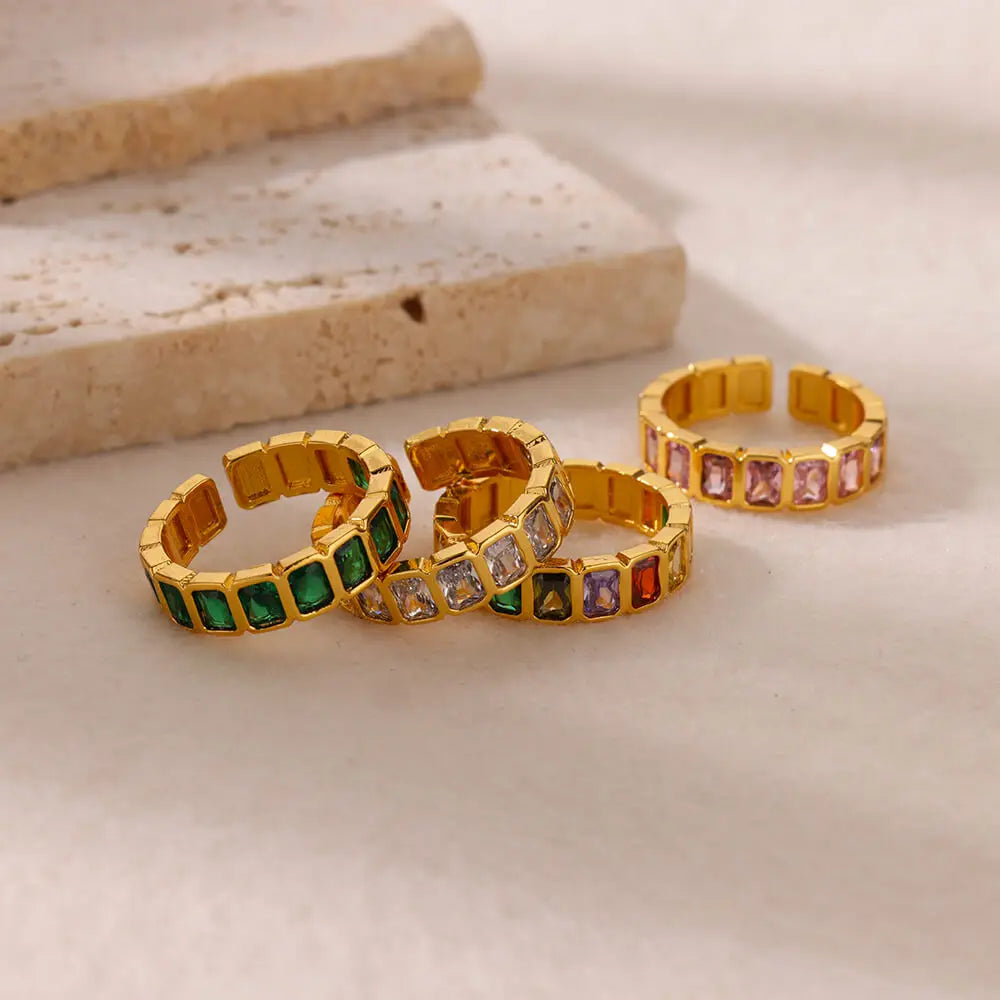 Gold Plated Square Zircon Ring – Adjustable Stainless Steel
