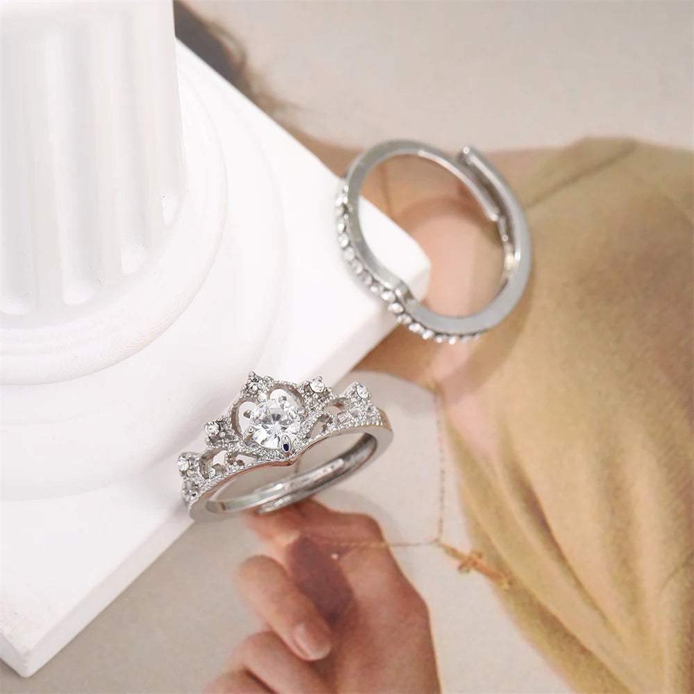 2PCS Crystal Crown Ring Set  – Adjustable Sparkling Queen Tiara Style