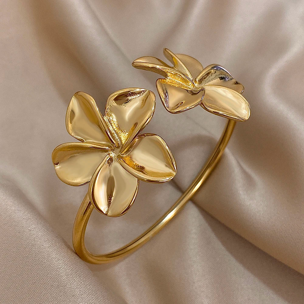 Golden Bloom Double Flower Cuff Bracelets