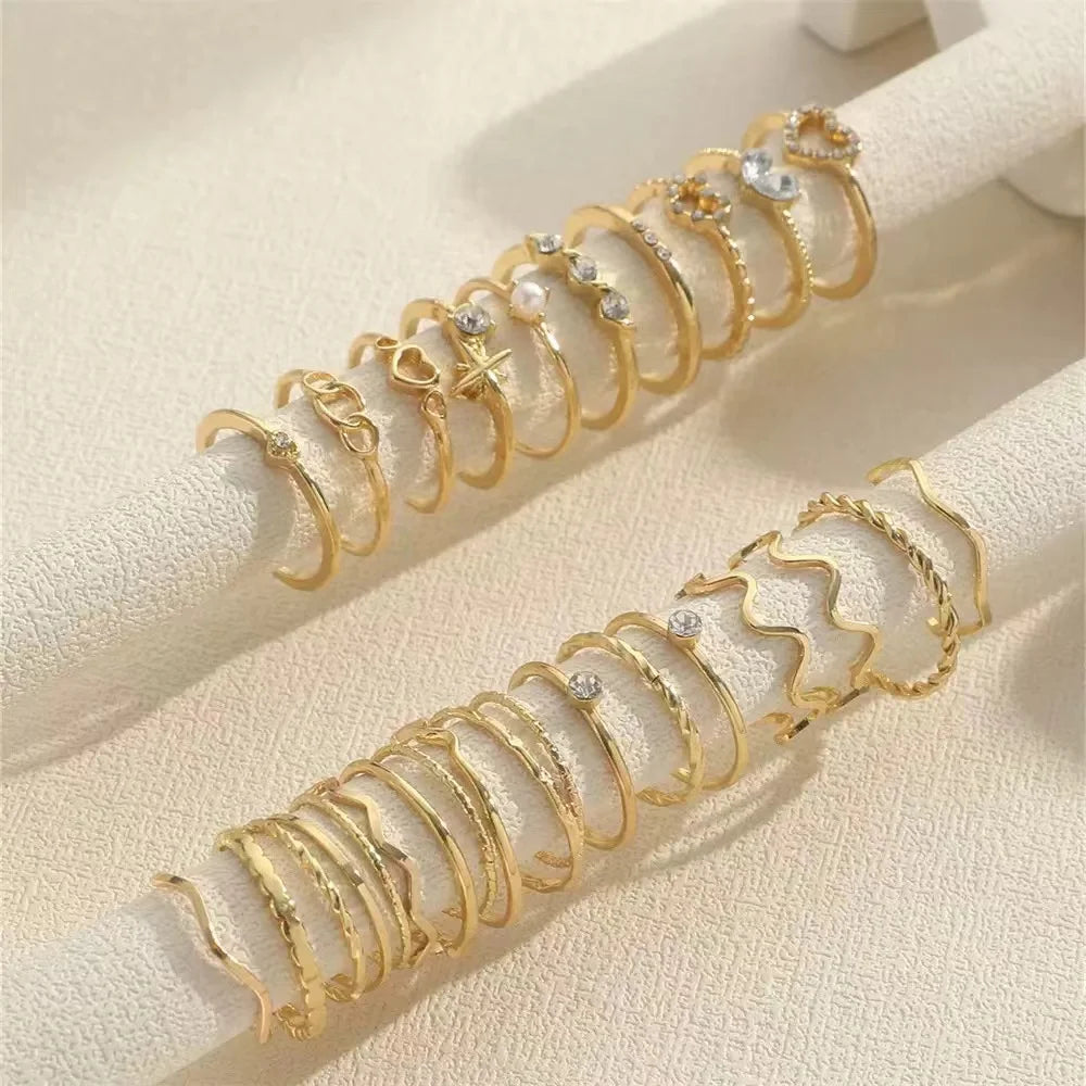23PCS Silver Zircon Ring – Luxury Multi-Element Wave Design Stacking Rings