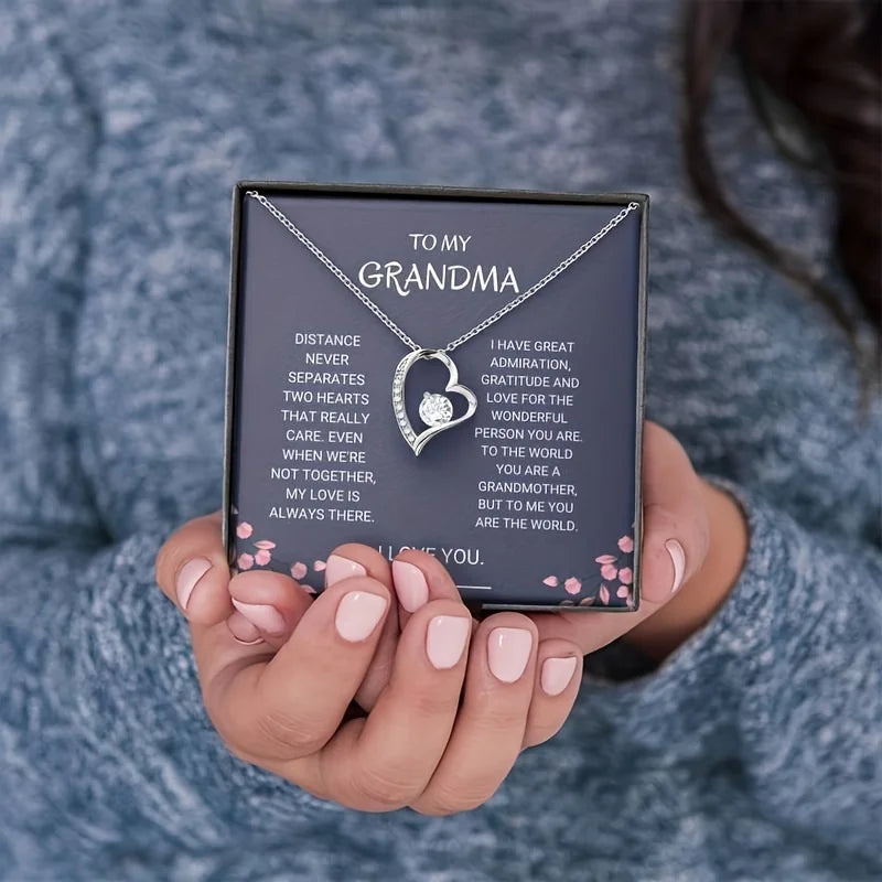 To My Grandma – Elegant Heart Pendant Necklace with Cubic Zirconia Stone | Meaningful Gift for Grandmother, Love & Appreciation Jewelry