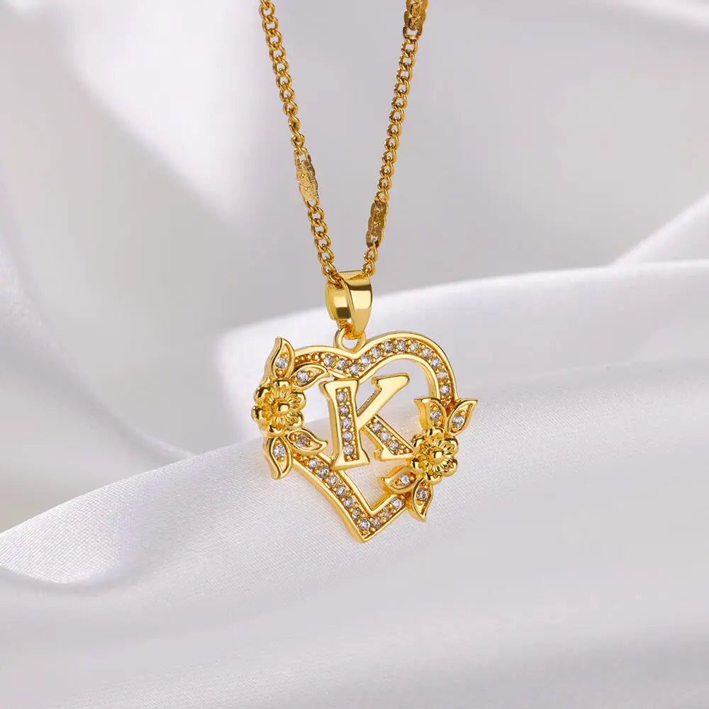 Gold Initial Heart Necklace with Zircon Flowers