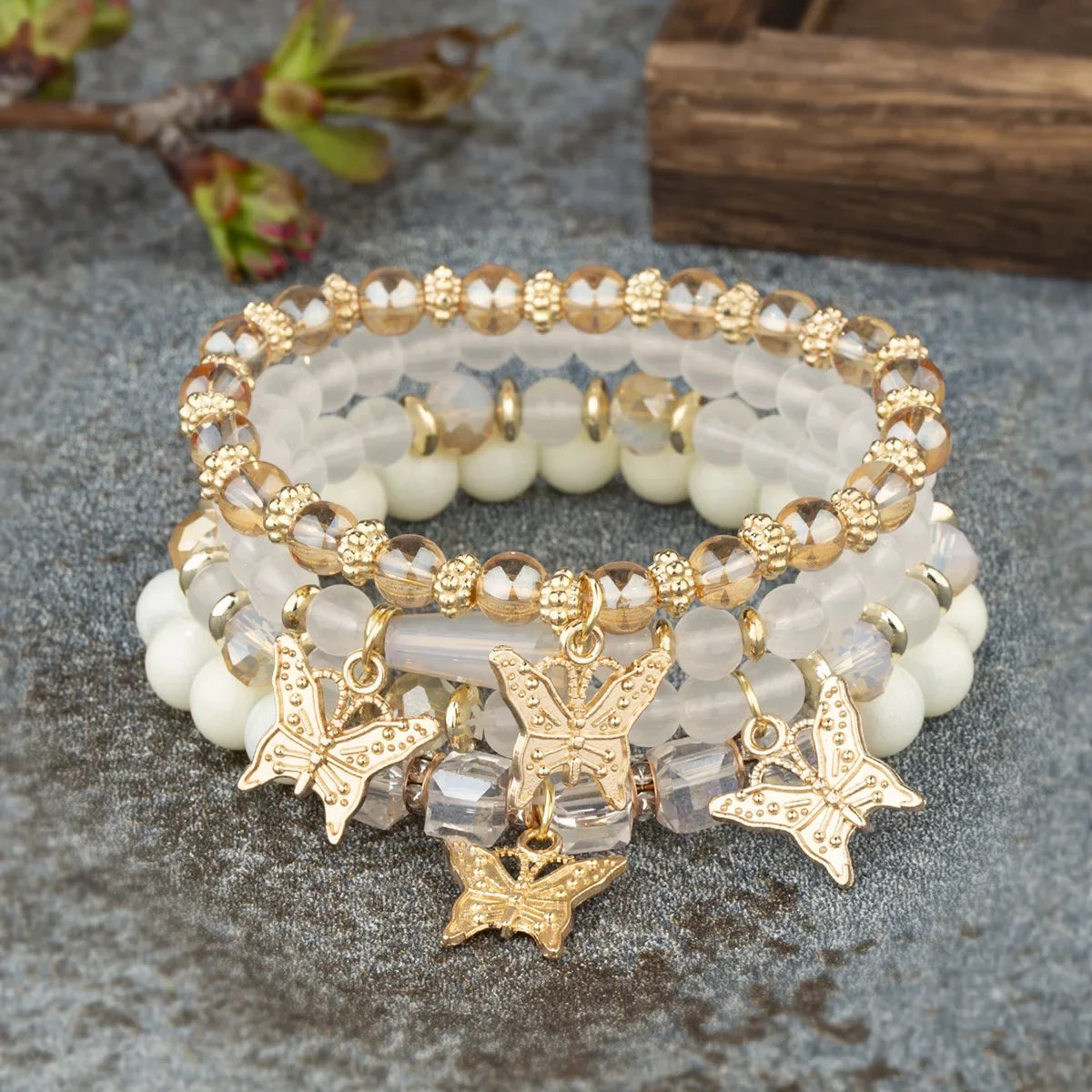 Boho Bloom Butterfly Bracelet Set – 4 Pieces