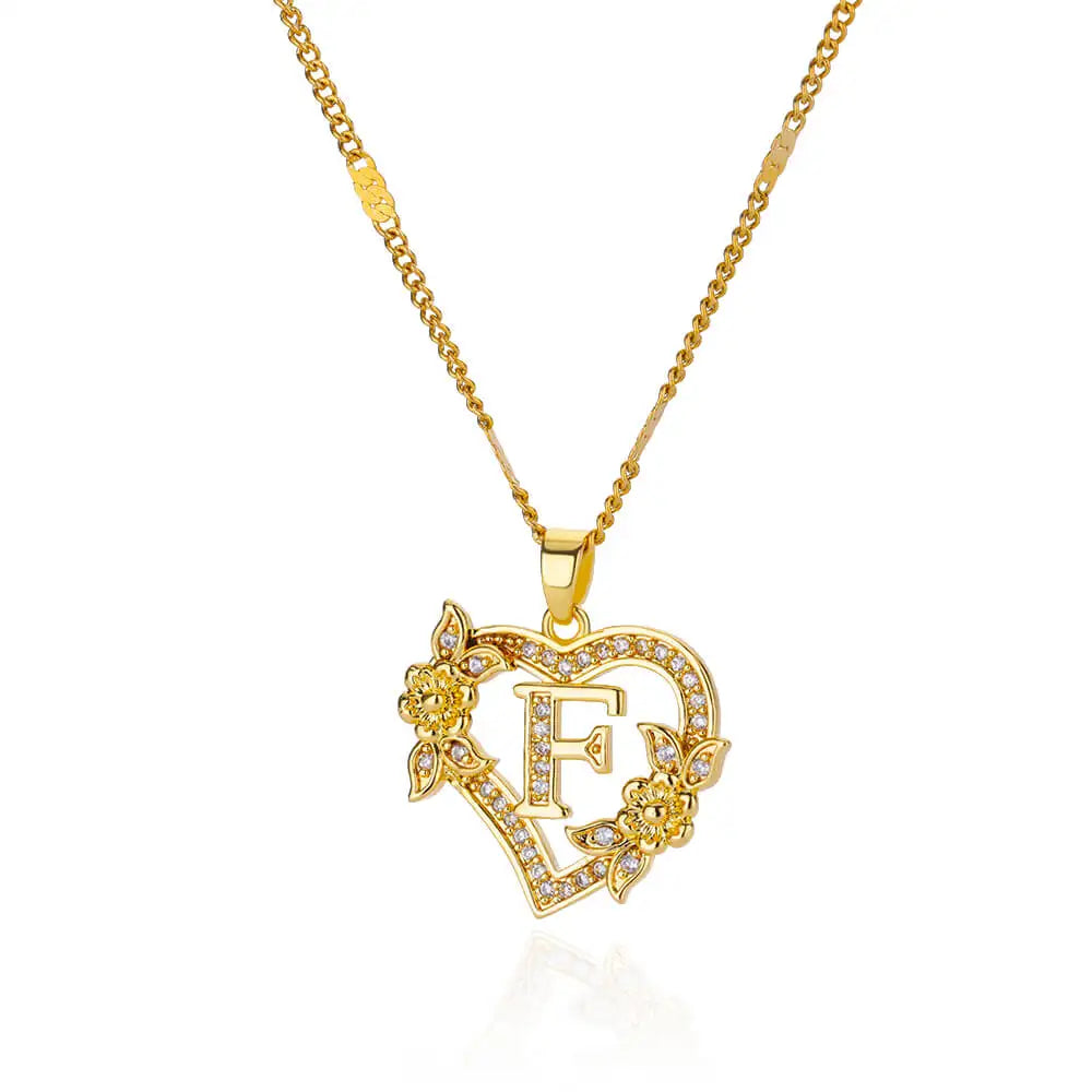 Gold Initial Heart Necklace with Zircon Flowers