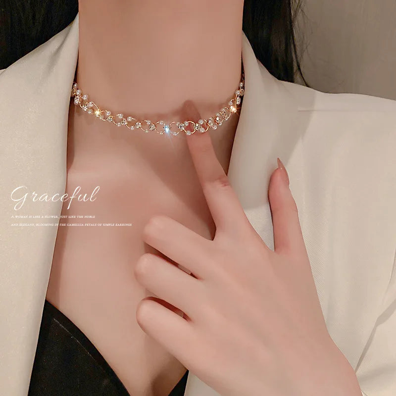 Gold Pearl Choker Necklace for Women – Kpop Inspired Beads Collar