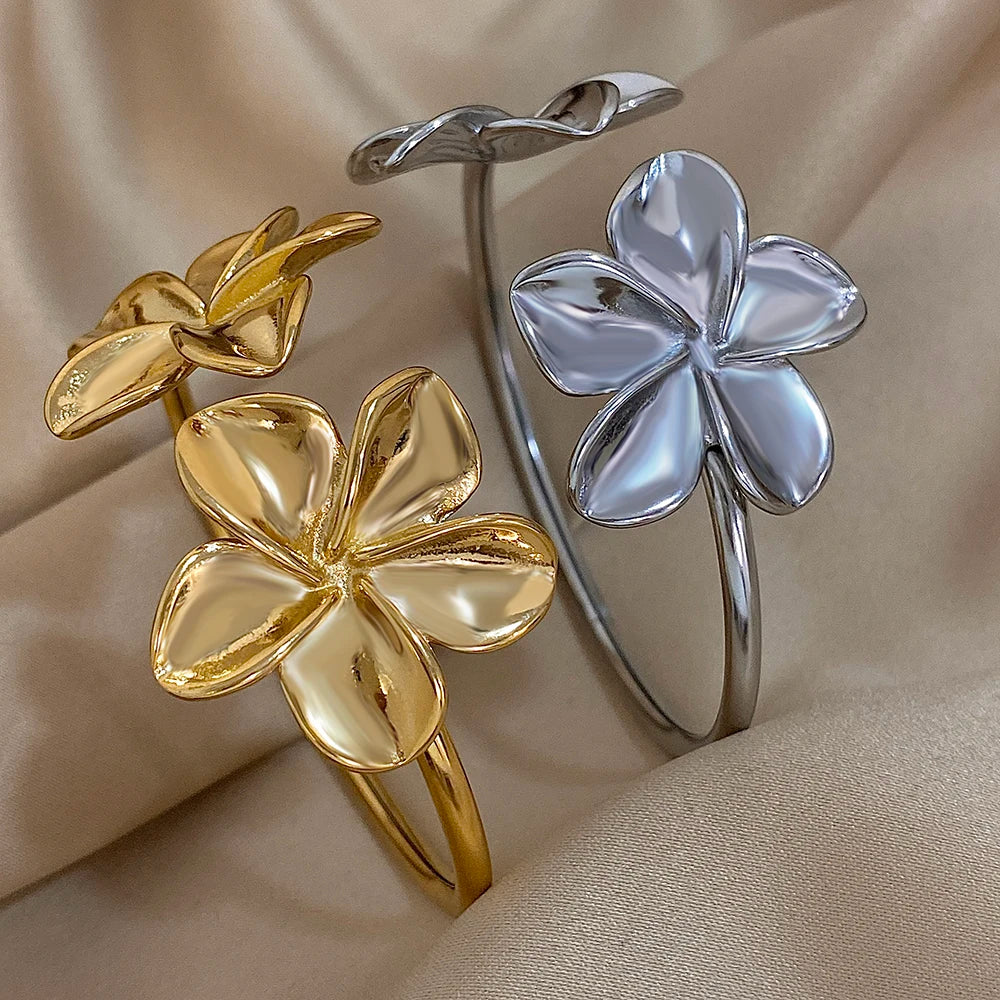 Golden Bloom Double Flower Cuff Bracelets