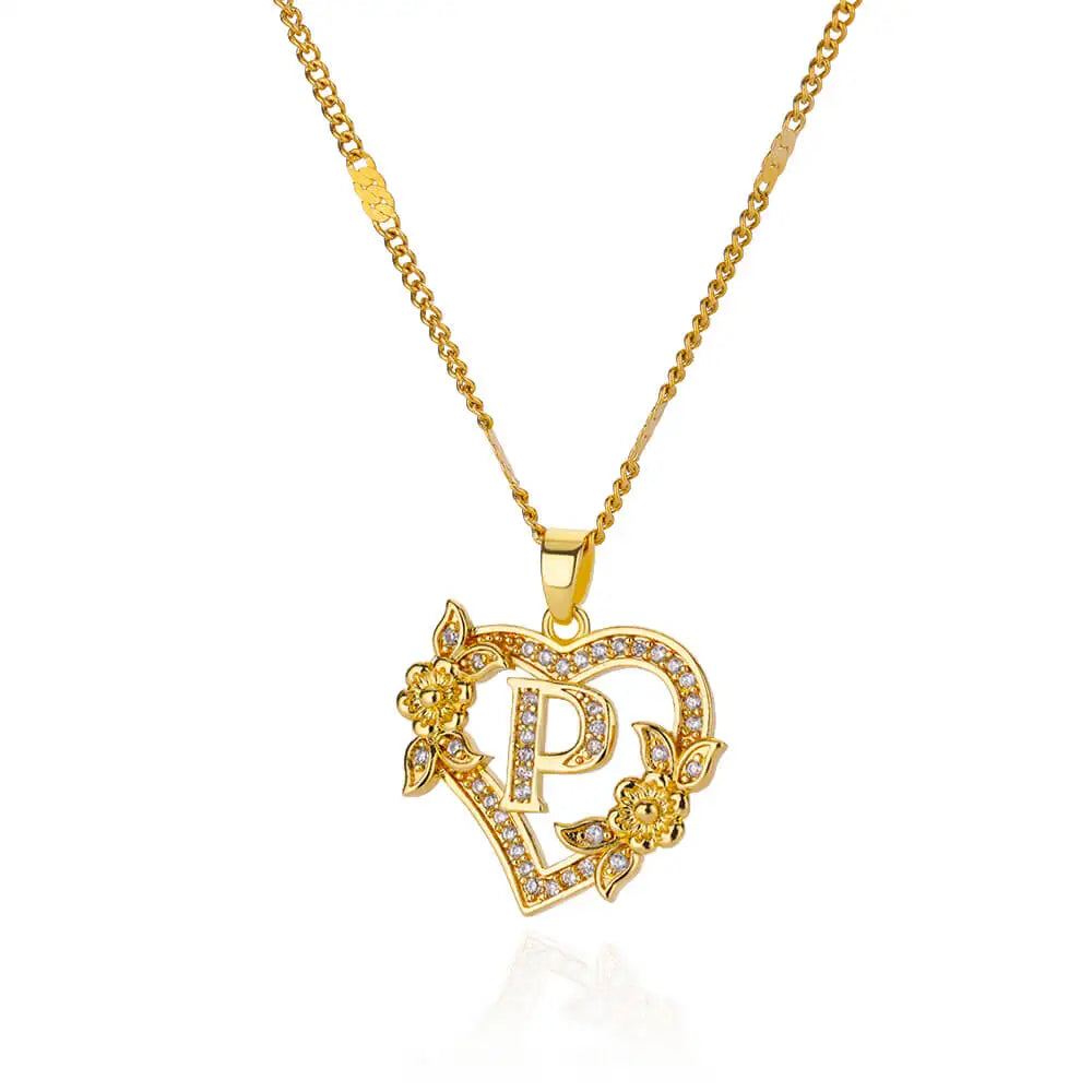 Gold Initial Heart Necklace with Zircon Flowers
