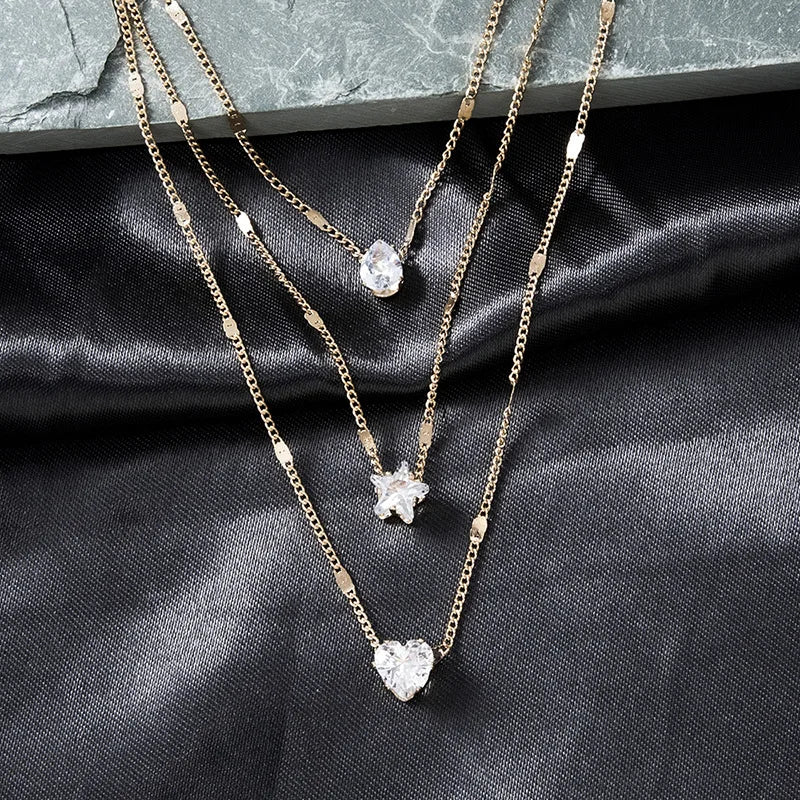 Gold Multilayer Zircon Pendant Necklace