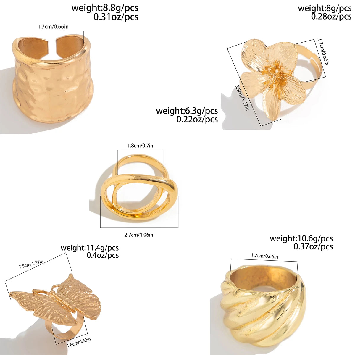 Boho Statement Butterfly & Flower Rings – Adjustable Metal Fashion Jewellery
