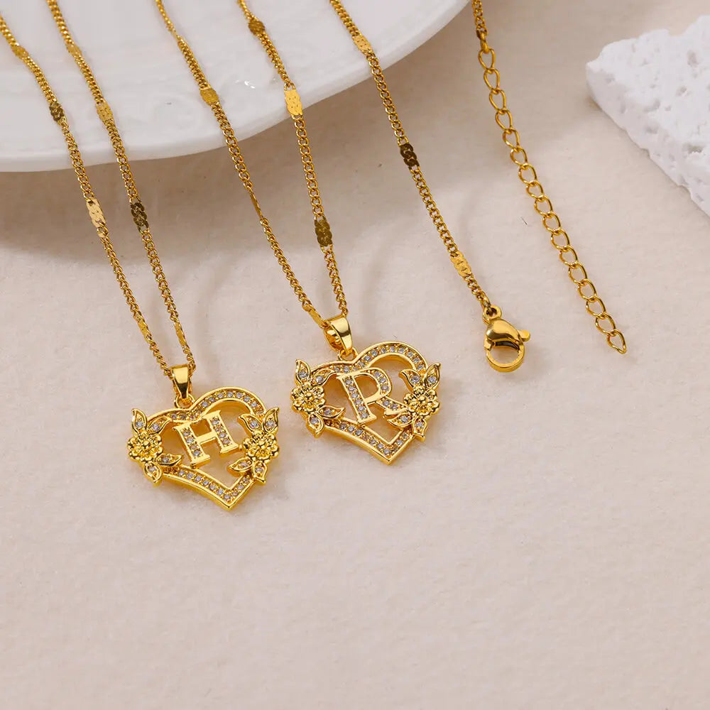 Gold Initial Heart Necklace with Zircon Flowers