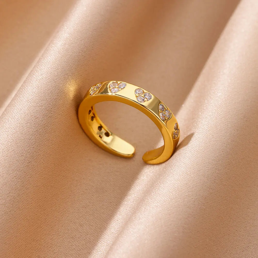 Gold Heart Zircon Rings – Adjustable Stainless Steel