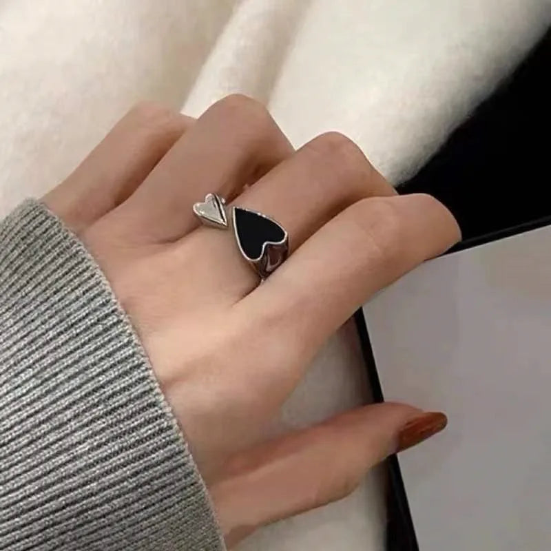 Minimalist Black Heart Open Ring – Adjustable Two-Tone Metal Punk Jewellery