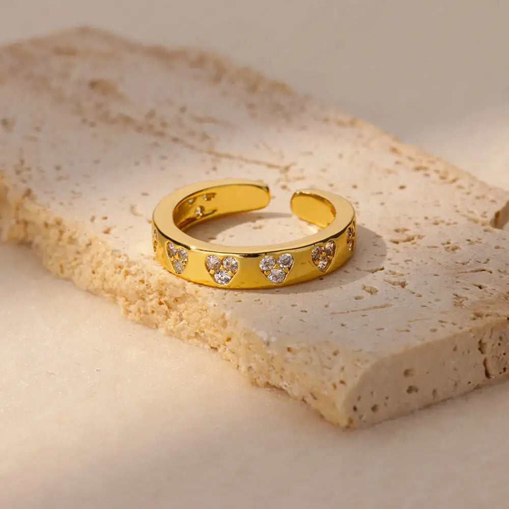 Gold Heart Zircon Rings – Adjustable Stainless Steel