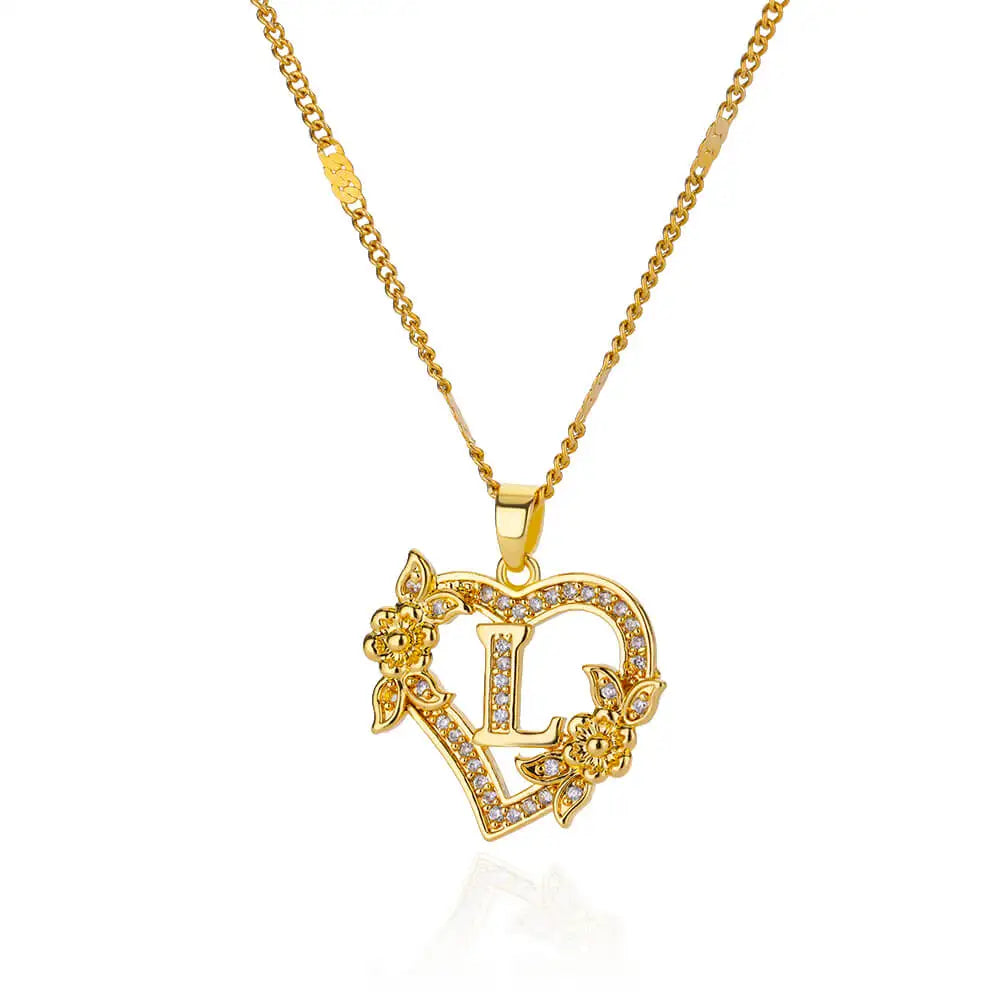 Gold Initial Heart Necklace with Zircon Flowers