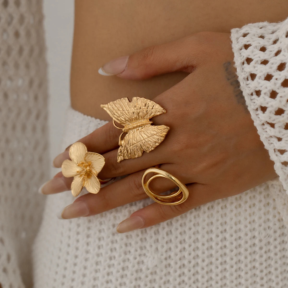 Boho Statement Butterfly & Flower Rings – Adjustable Metal Fashion Jewellery