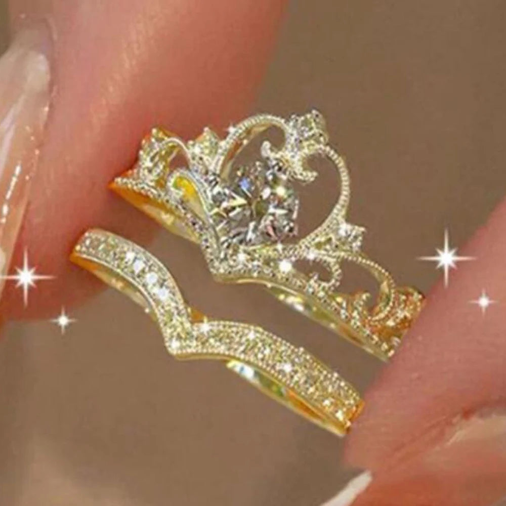 2PCS Crystal Crown Ring Set  – Adjustable Sparkling Queen Tiara Style