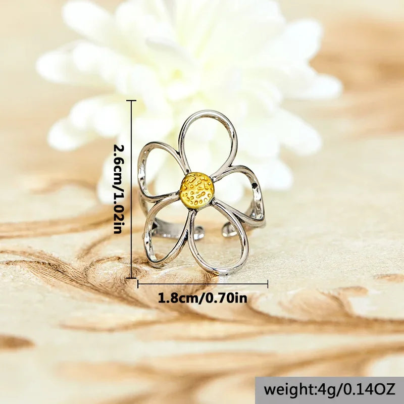 Vintage Daisy Flower Ring for Women – Adjustable Silver Open Band Fashion Jewellery