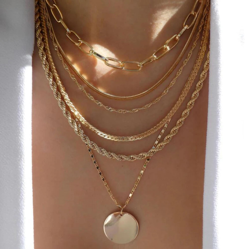 Gold Multi-Layer Pendant Necklace Set for Women