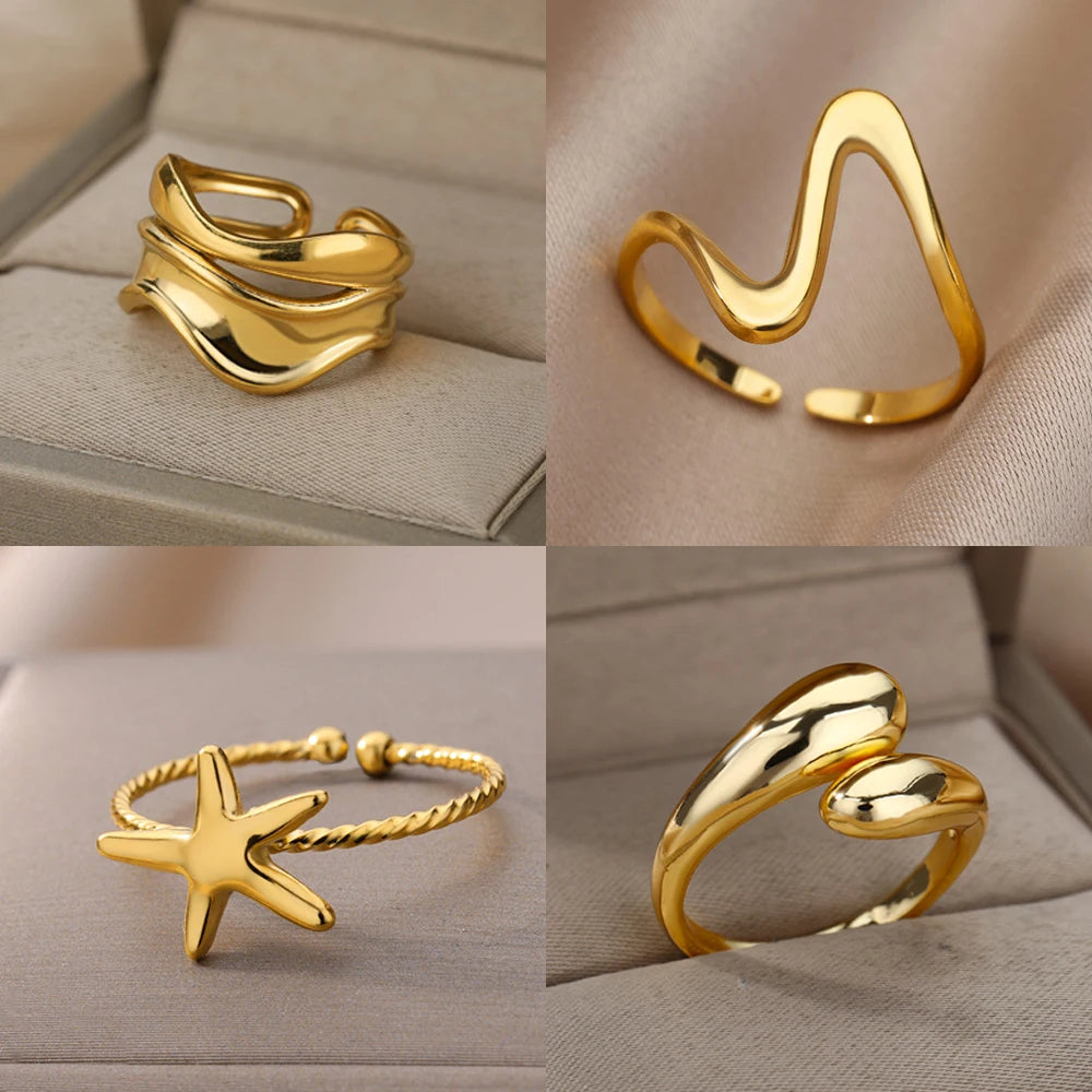 Stainless Steel Open Rings Set – Waterproof Adjustable Women’s Statement Rings