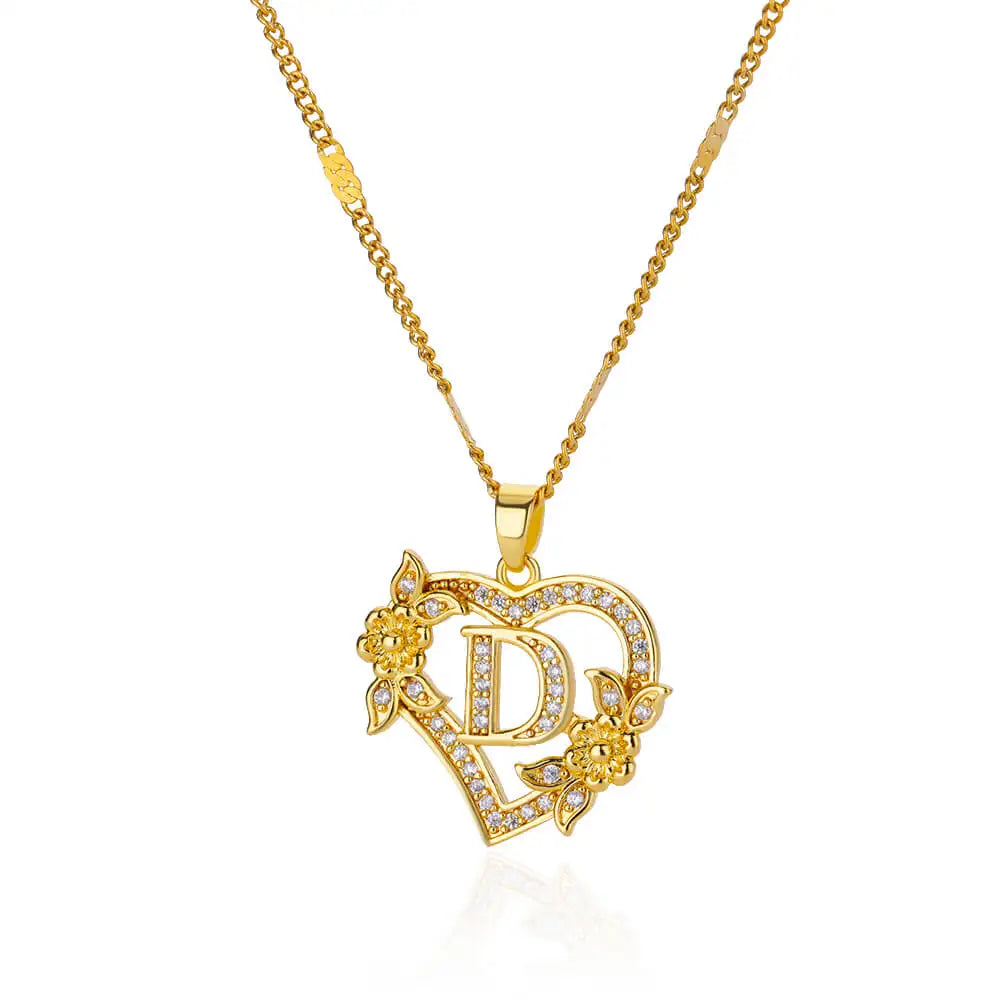 Gold Initial Heart Necklace with Zircon Flowers