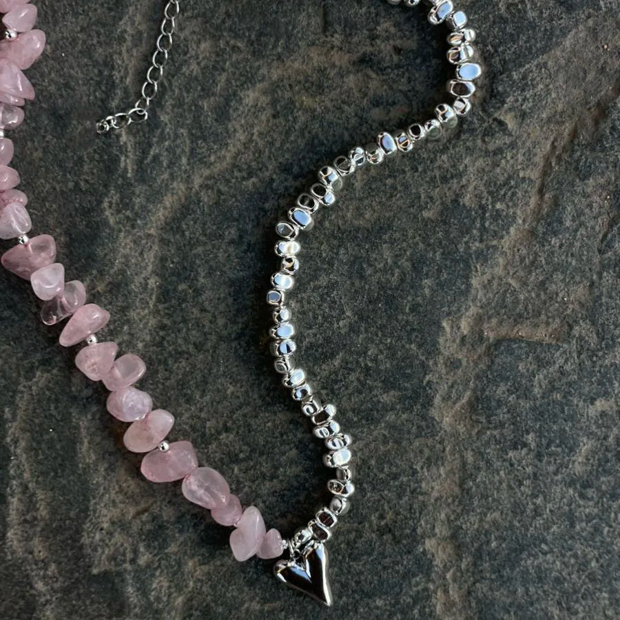 Elegant Pink Stone Beads & Heart Pendant Necklace – Irregular Choker for Women